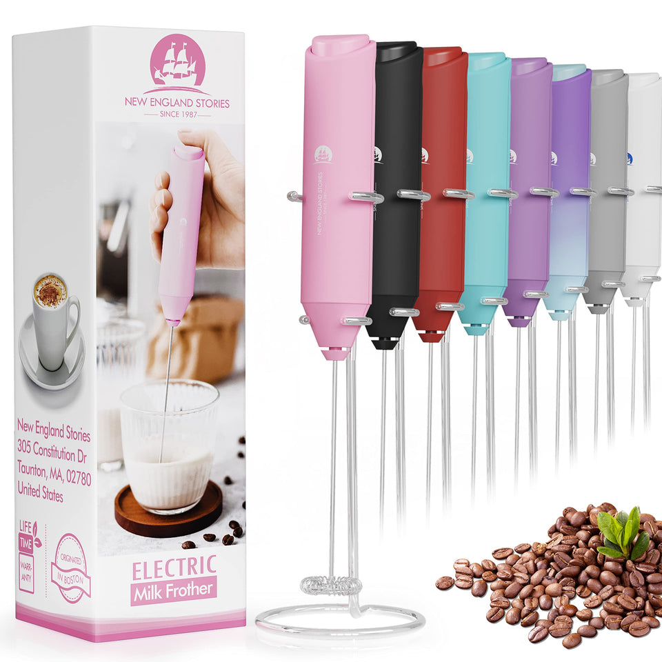 New England Stories powerful milk frother handheld pink in action for creamy foam