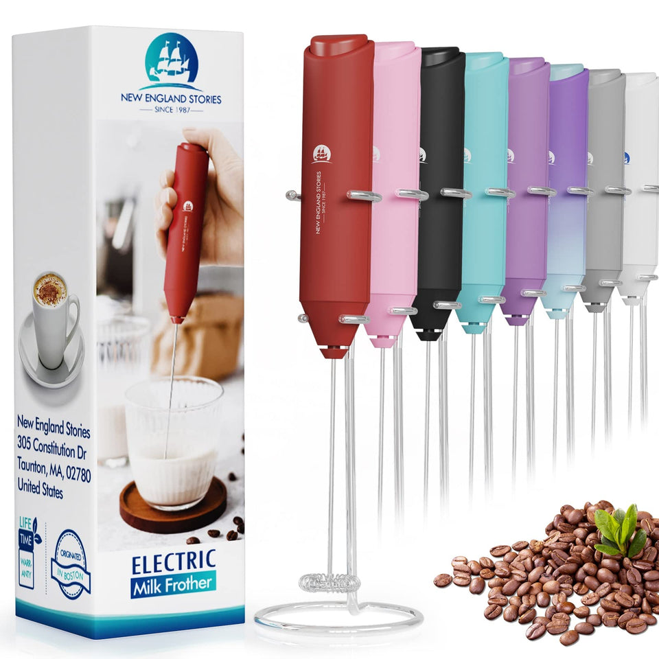 New England Stories powerful milk frother handheld red for cafe-quality foam at home.