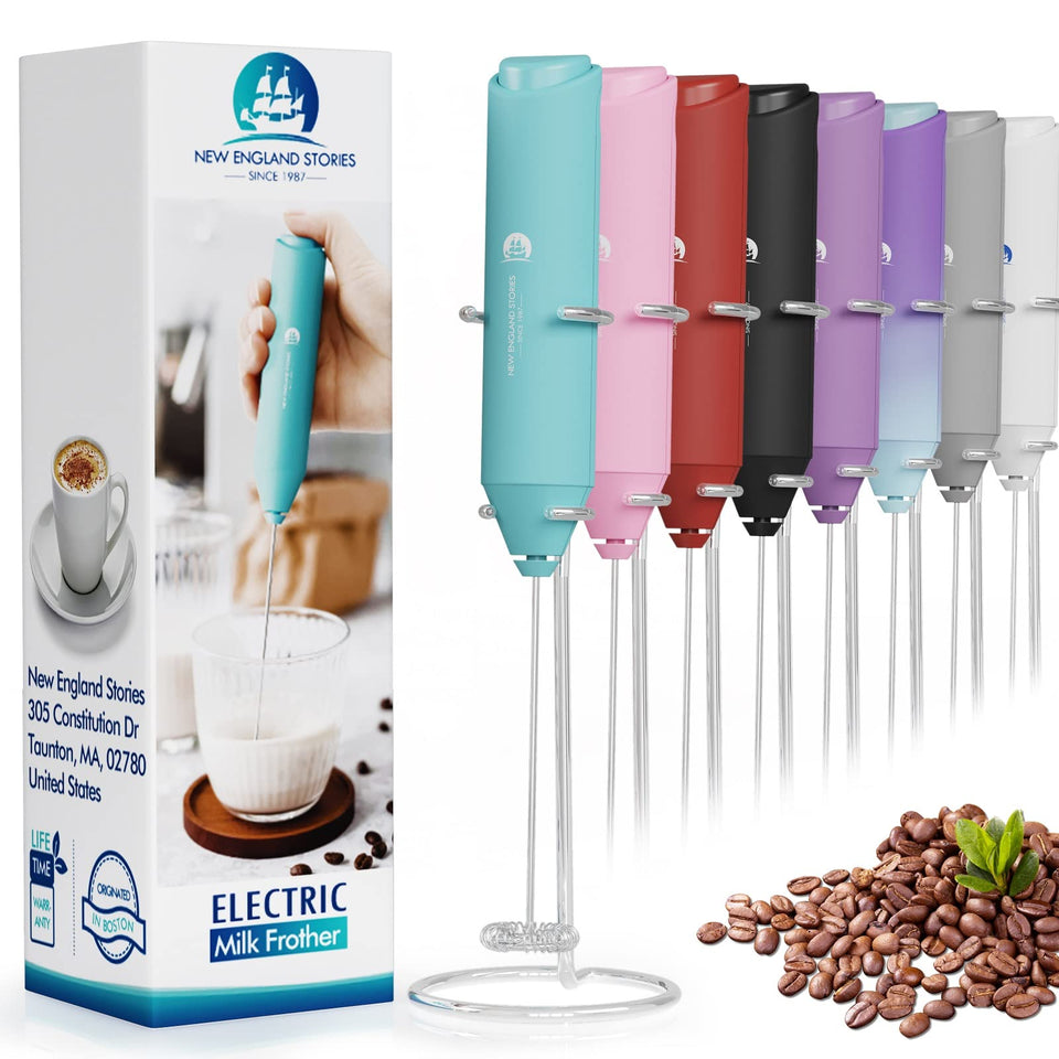 New England Stories powerful milk frother stand makes frothing creamy milk easy at home.