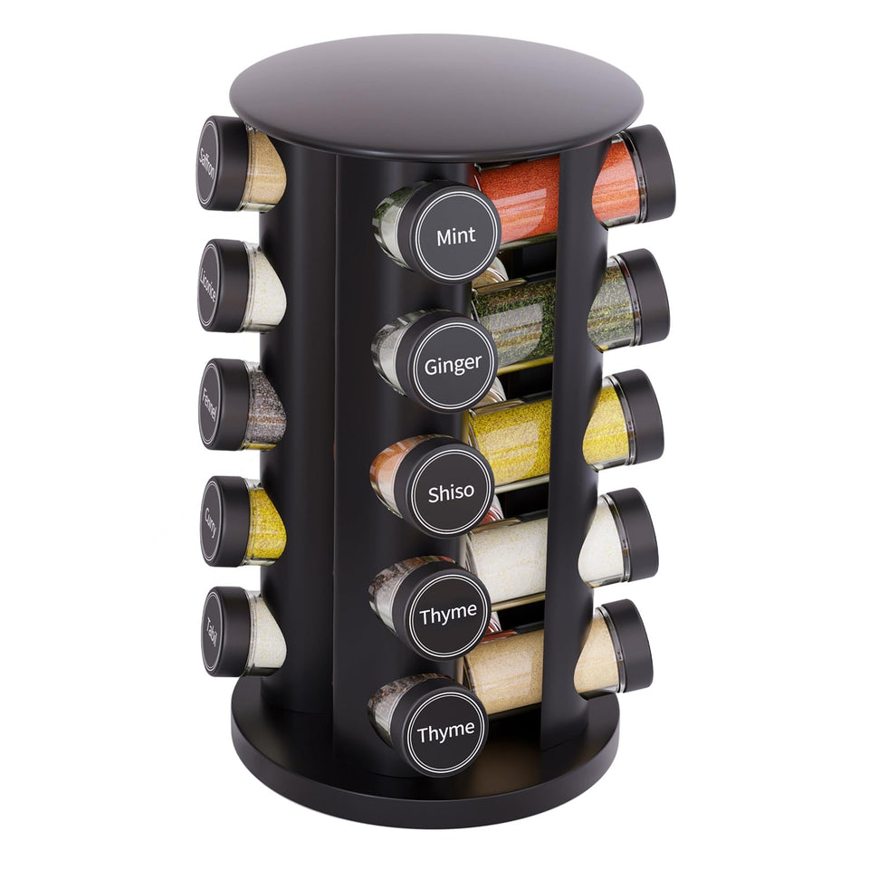 New England Stories revolving spice rack with 20 jars on a compact counter setup