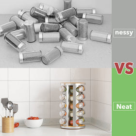 New England Stories rotating-base spice rack provides 360° access to seasonings.