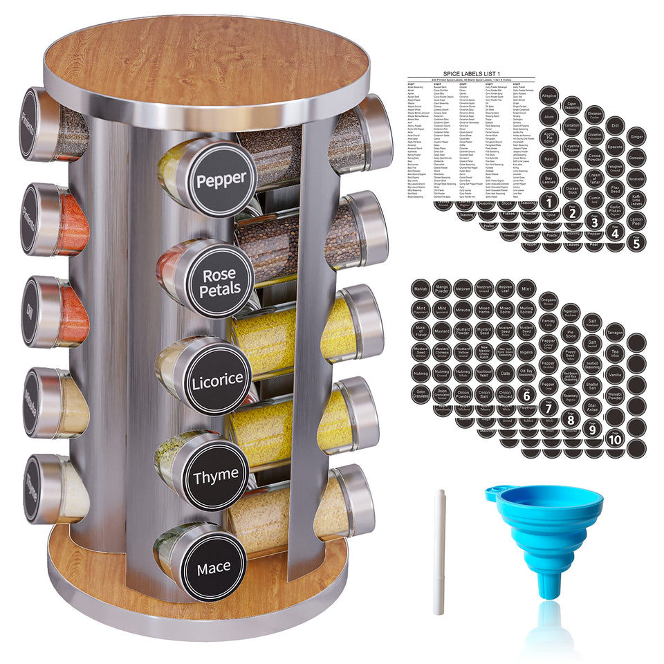 New England Stories spice rack with 20 jars on a rotating base for easy access.