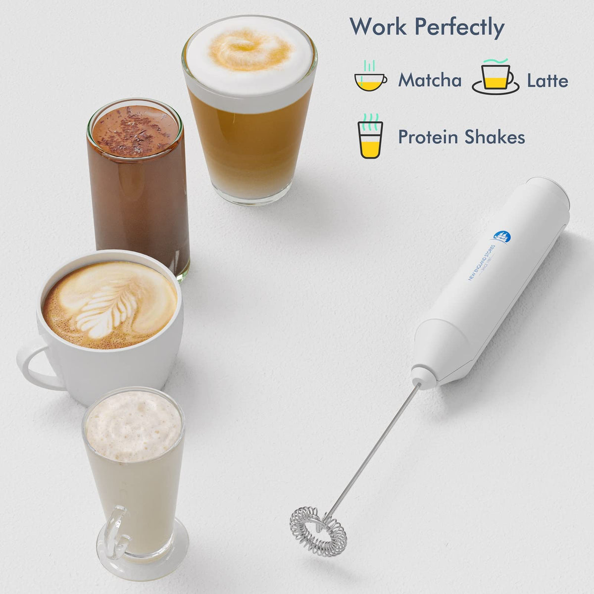 New England Stories stand with frother on countertop for neat storage
