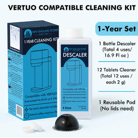 New England Stories Vertuo cleaning tablets remove coffee residue for better taste.