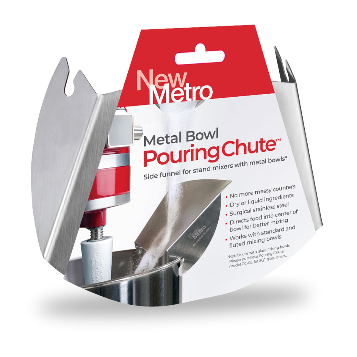 New Metro Design PC-10 pouring chute directs ingredients into the bowl for cleaner counters