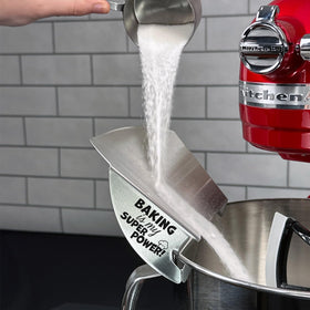 Stainless steel pouring shield resists sticking and cleans easily after use.