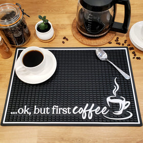 New Mungo Ok But First Coffee mat near milk frother keeps space organized