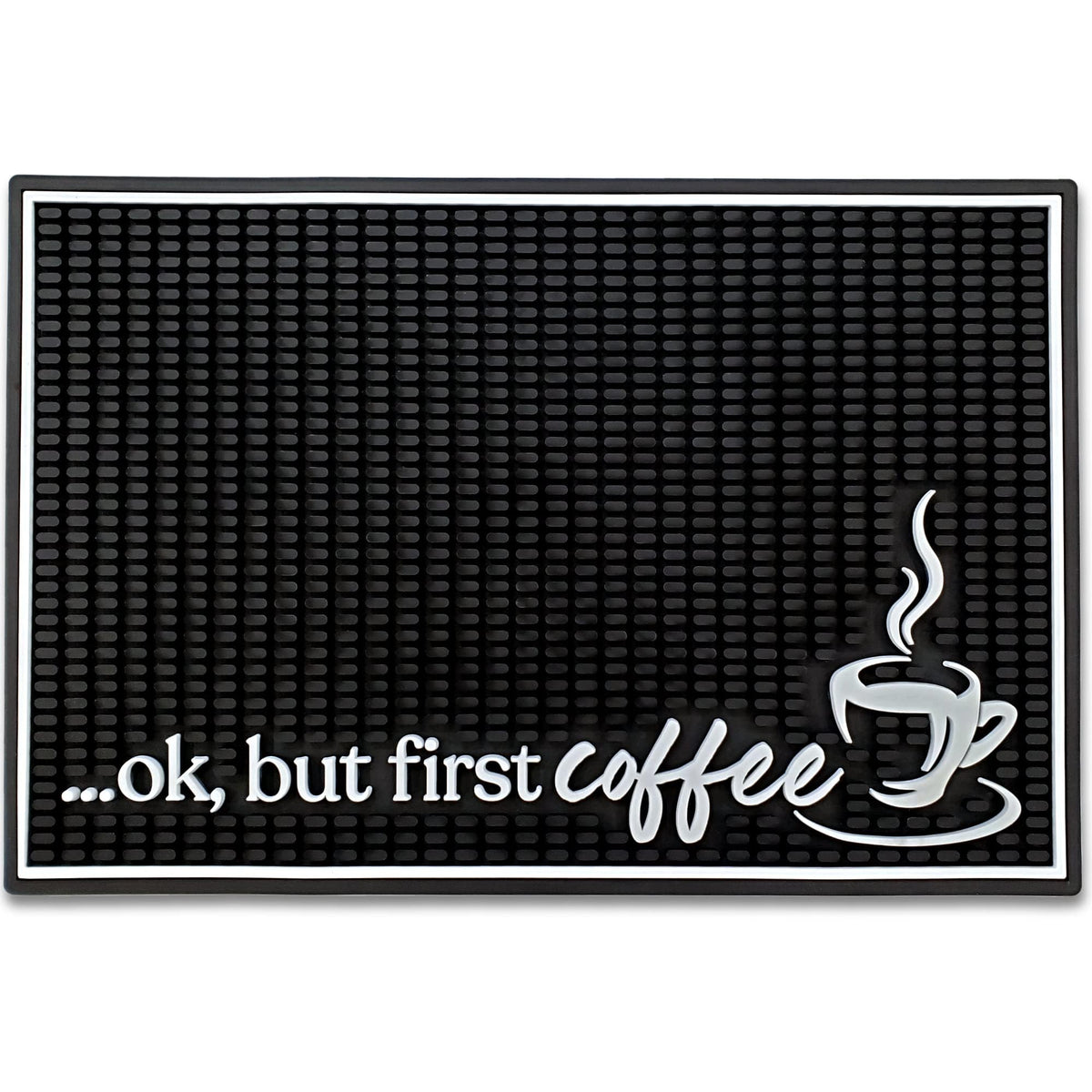 New Mungo Ok But First Coffee mat in front of an espresso machine, catching spills