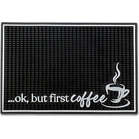 New Mungo Ok But First Coffee mat in front of an espresso machine, catching spills