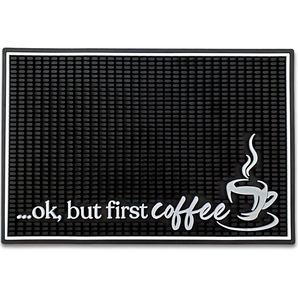 New Mungo Ok But First Coffee mat in front of an espresso machine, catching spills