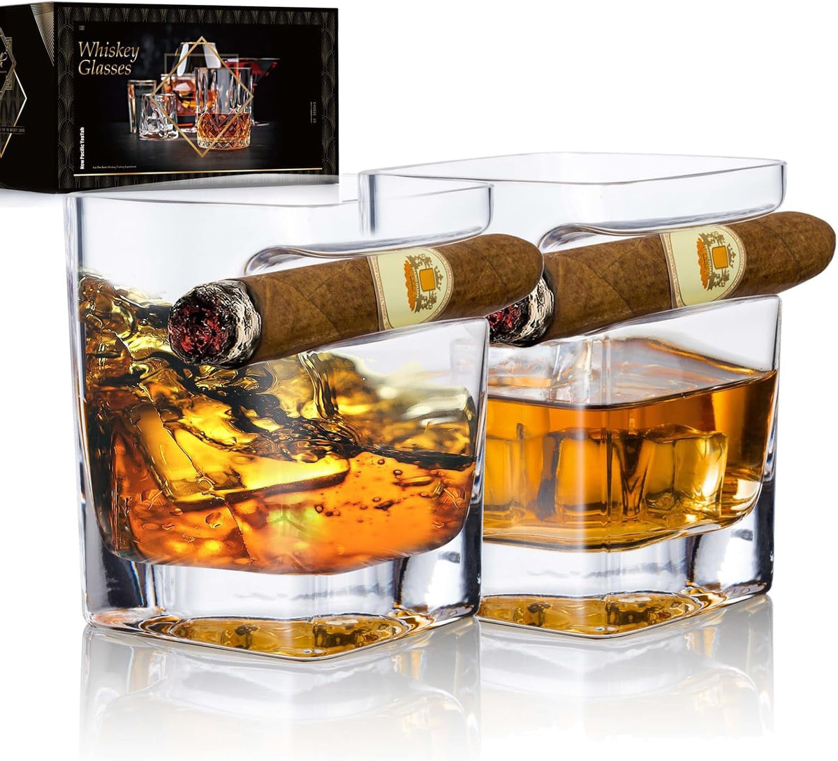 YouYah cigar whiskey glasses with built-in rest securely cradle your cigar.