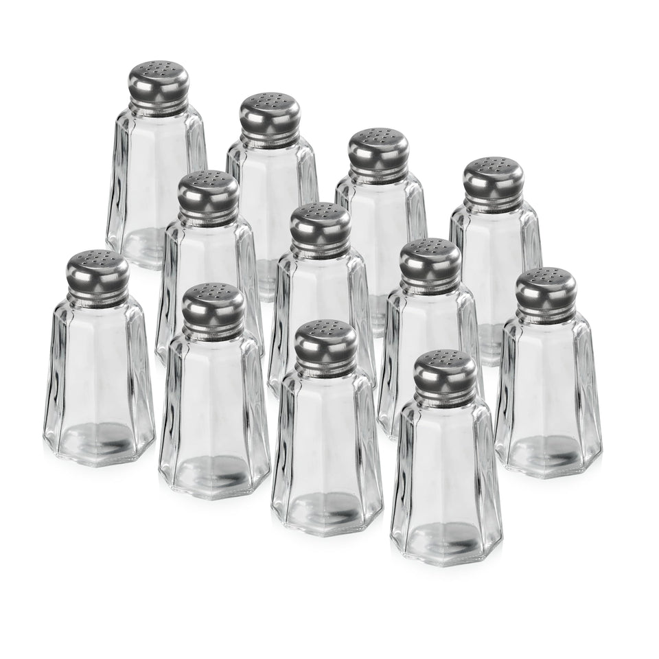 New Star 22186 glass salt and pepper shakers with mushroom tops for table seasoning.