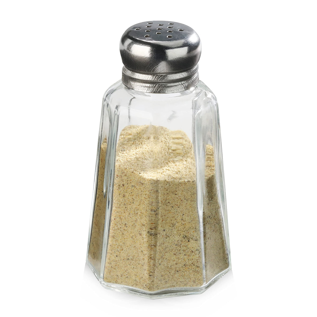 Stainless steel mushroom tops add a polished touch to the shakers.