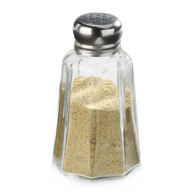 Stainless steel mushroom tops add a polished touch to the shakers.