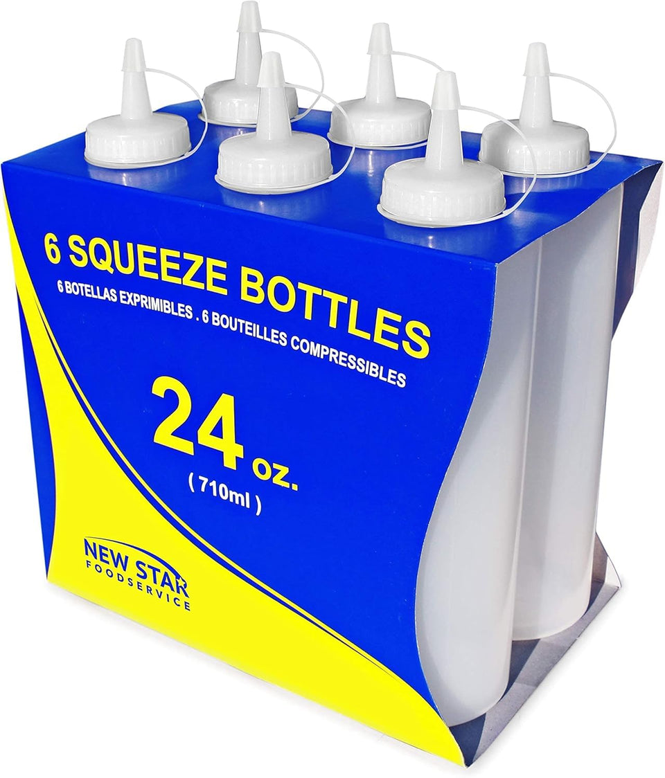 New Star 24 oz clear squeeze bottle with regular mouth for easy condiment dispensing.