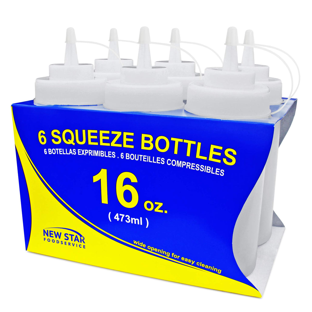 New Star Foodservice bottle with open tip and leak-resistant cap to prevent spills