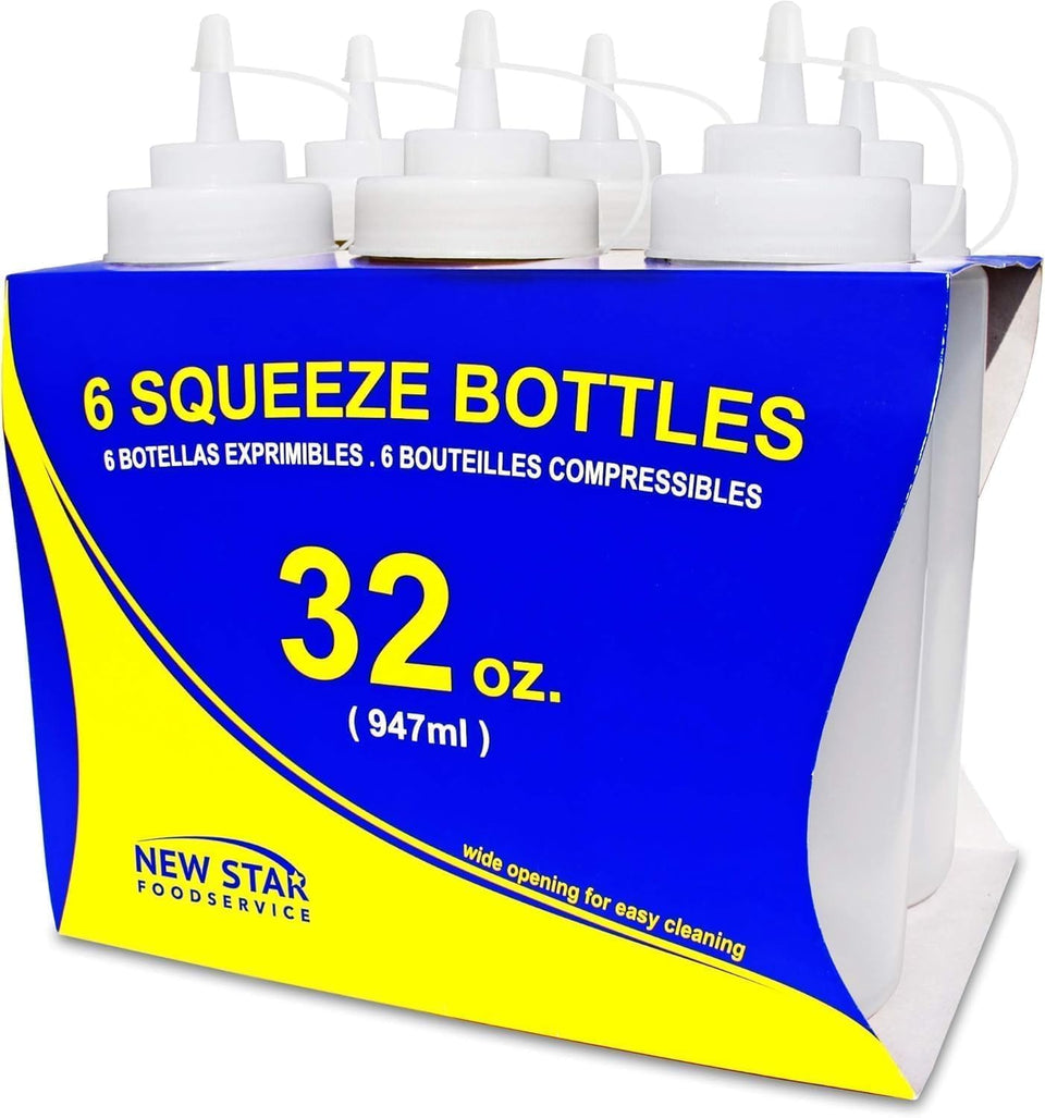 New Star Foodservice 32 oz clear squeeze bottle with wide mouth for precise condiment dispensing.