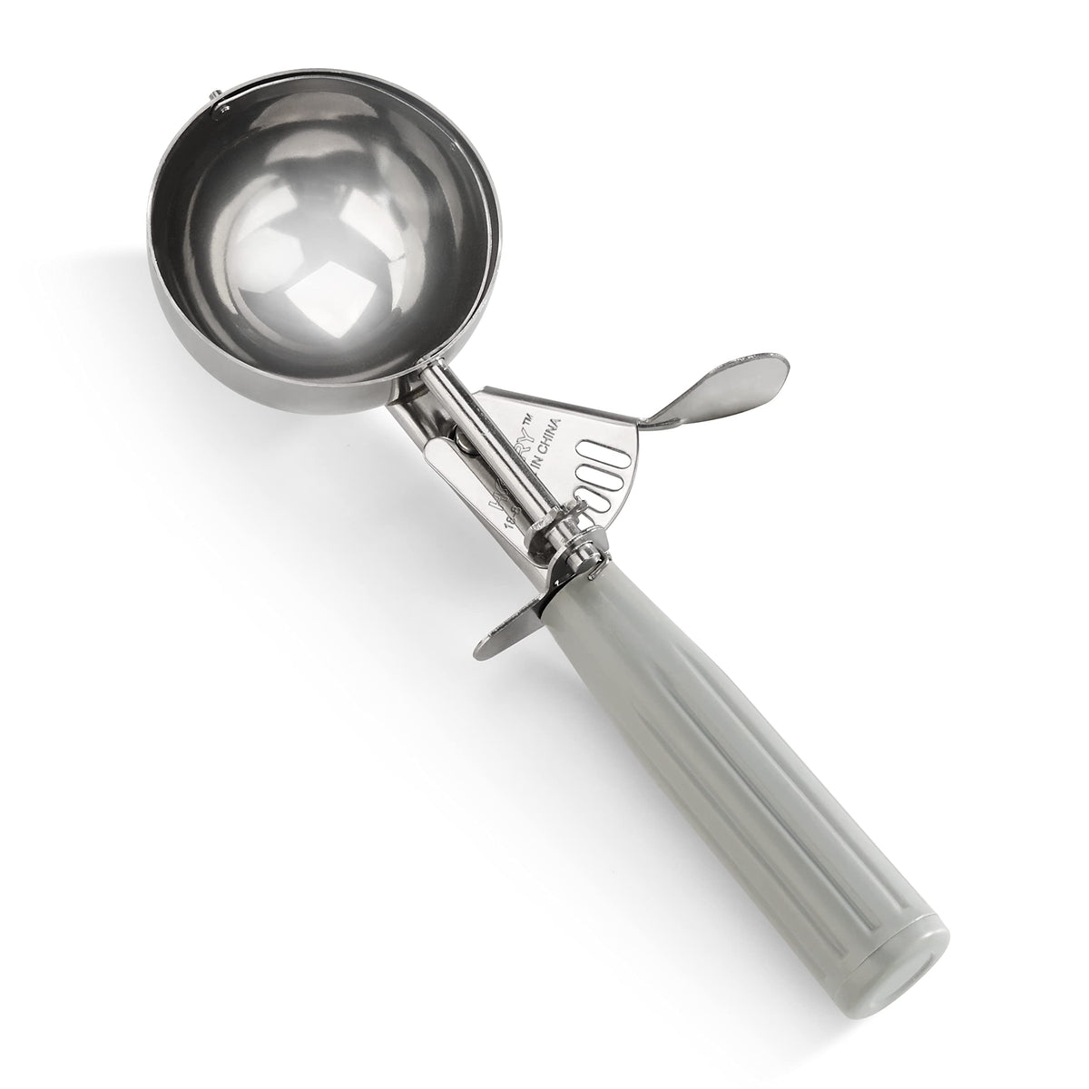 New Star Foodservice 34769 thumb press disher in grey for precise 4 oz portions.