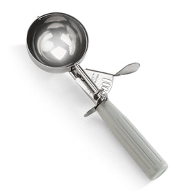 New Star Foodservice 34769 thumb press disher in grey for precise 4 oz portions.
