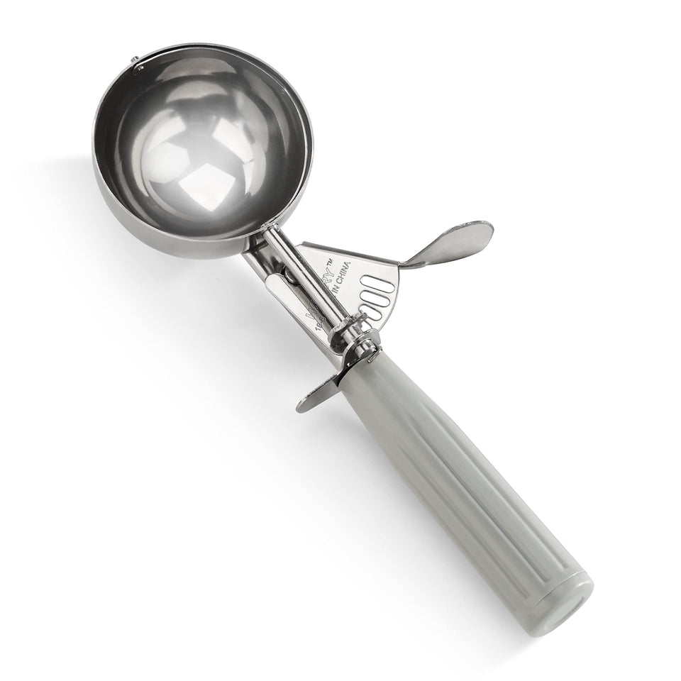 New Star Foodservice 34769 thumb press disher in grey for precise 4 oz portions.