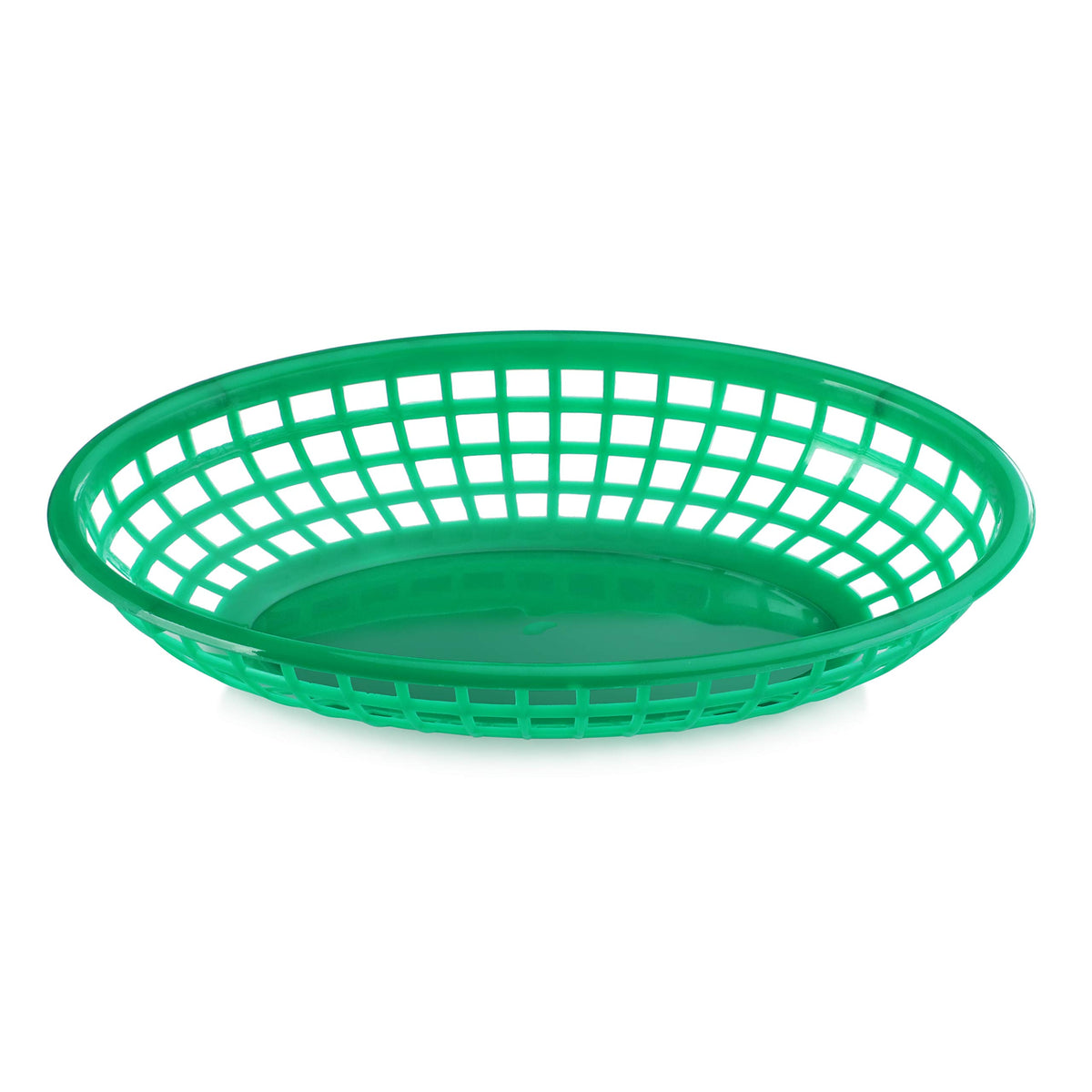 New Star Foodservice 44126 green oval basket, stacked for space-saving storage.