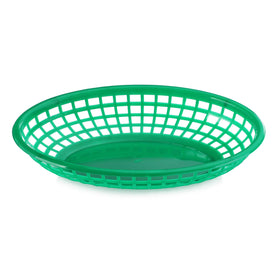 New Star Foodservice 44126 green oval basket, stacked for space-saving storage.