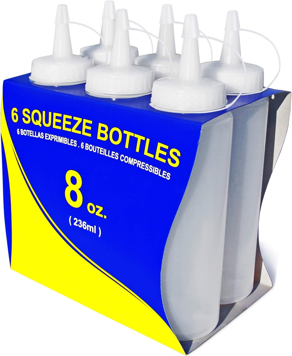 New Star Foodservice 8oz clear squeeze bottle with regular mouth, six-pack, for convenient dispensing.