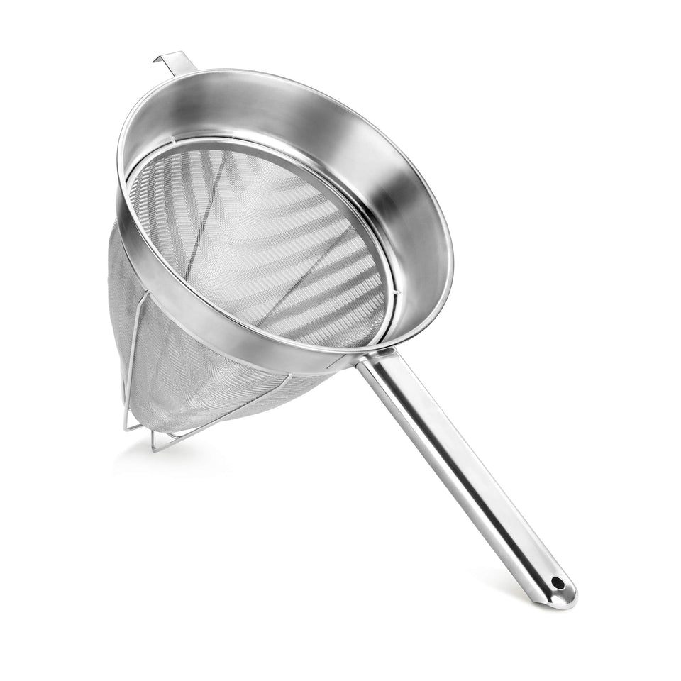 New Star Foodservice bouillon strainer 10-inch used to strain stocks and sauces.
