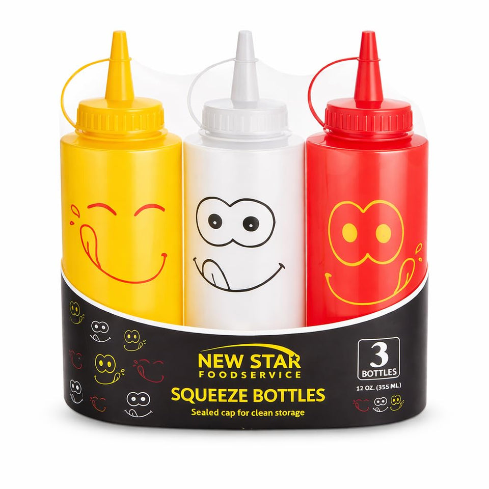 New Star Foodservice condiment squeeze bottle with smiley design in red, ideal for quick sauce portioning