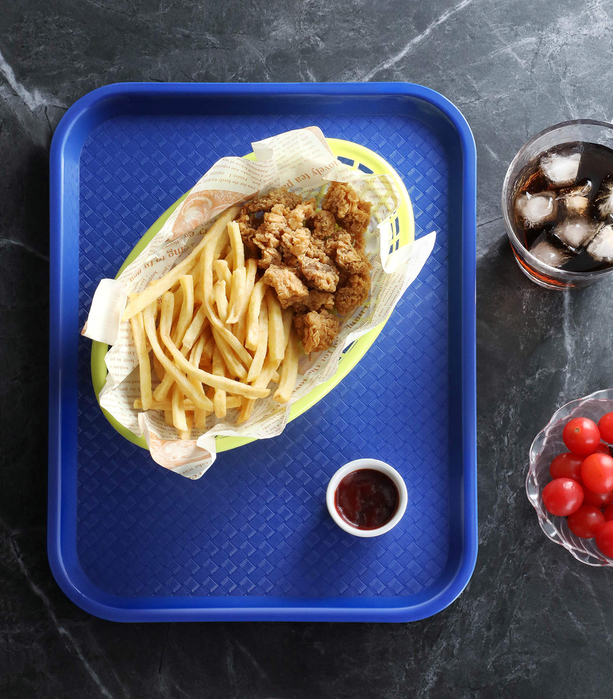 New Star Foodservice blue tray in a restaurant setting ready for high-traffic service