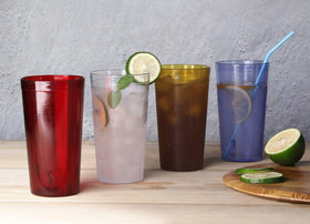 New Star Foodservice red 16oz tumbler suitable for busy outdoor dining.