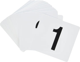 New Star Foodservice table numbers 1-100 double-sided, 4x4 inches, for clear labeling in busy dining rooms.