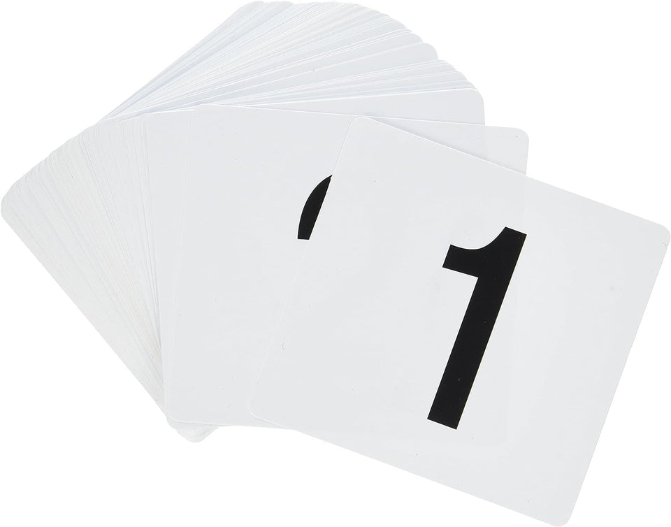 New Star Foodservice table numbers 1-100 double-sided, 4x4 inches, for clear labeling in busy dining rooms.