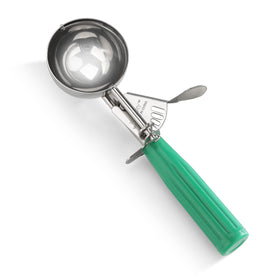 New Star Foodservice thumb-press disher with green handle for precise 3.25 oz portions.