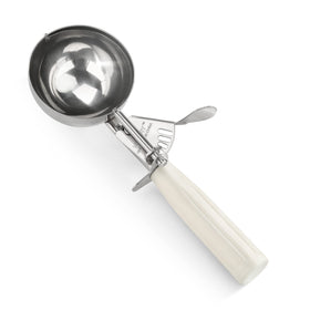 New Star Foodservice thumb-press disher delivering a precise 4.67 oz portion in white