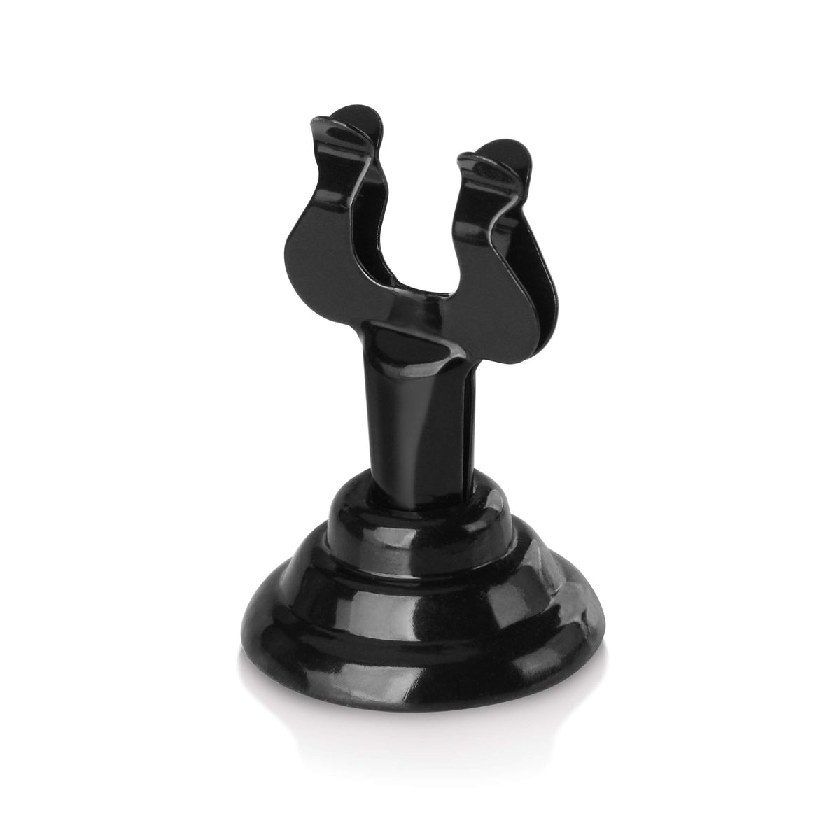 New Star Foodservice Triton Harp Clip Place Card Holder in black side view for table numbers.