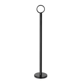 Durable metal table-number holder with clip base keeps cards secure during service.