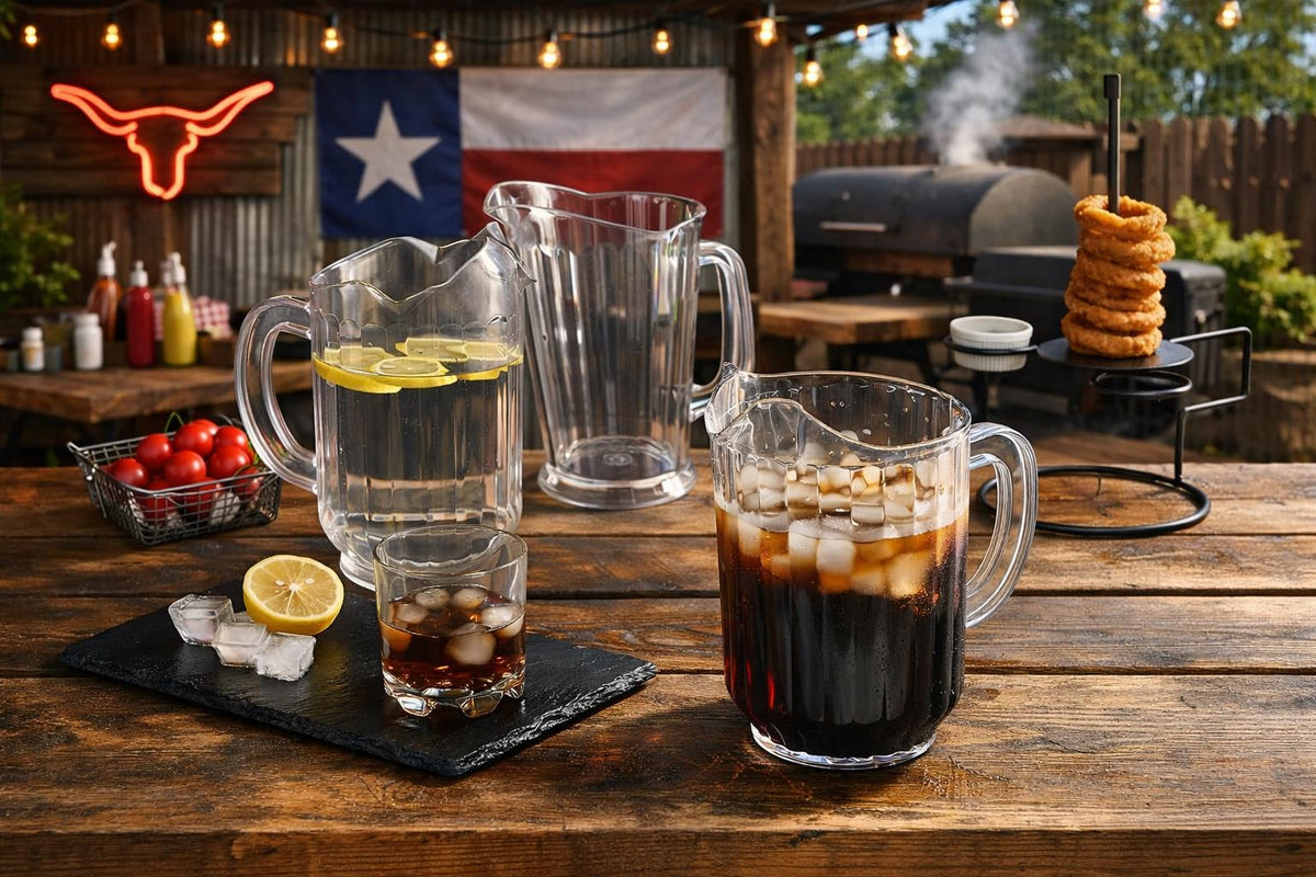 New Star Foodservice Water Pitcher 60oz clear side view highlighting sturdy construction.