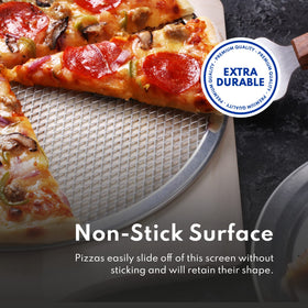 New Star Foodservice 12-inch pizza baking screen in-oven shot demonstrates heat exposure and even browning.