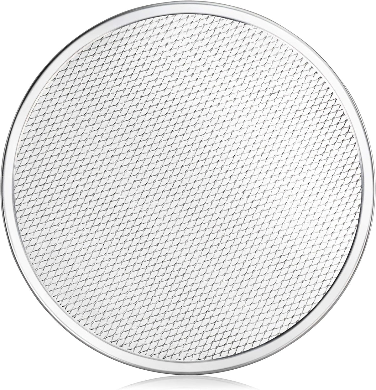 New Star Foodservice 12-inch pizza baking screen side view highlights durable aluminum for reliable daily performance.
