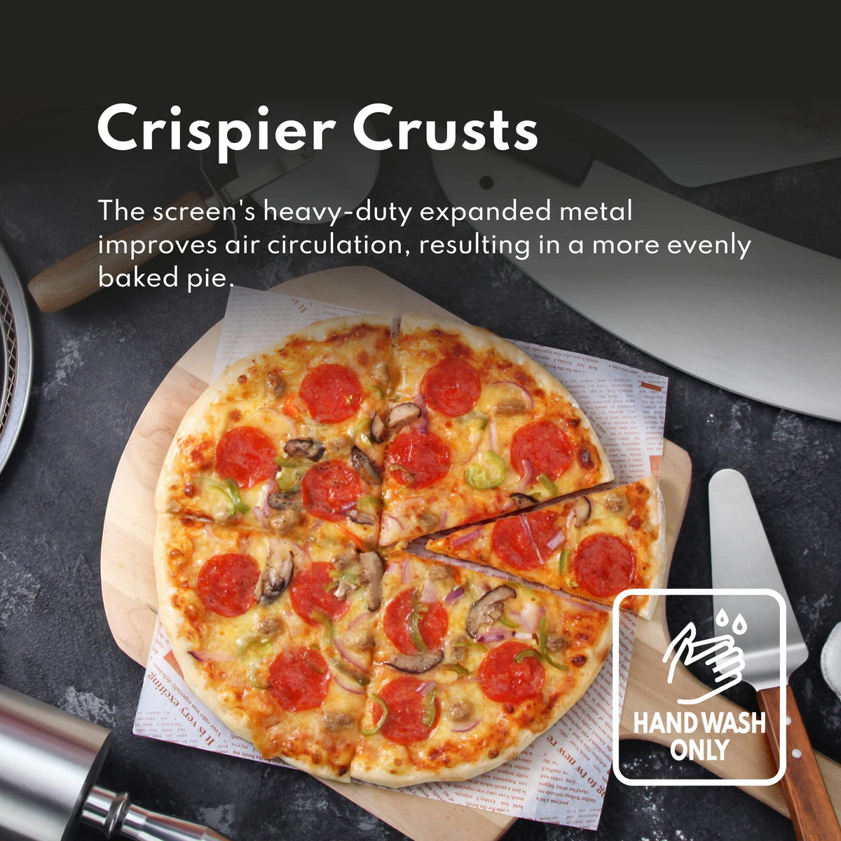 New Star Foodservice 12-inch pizza baking screen stacked shows pack of 6 for busy kitchens.