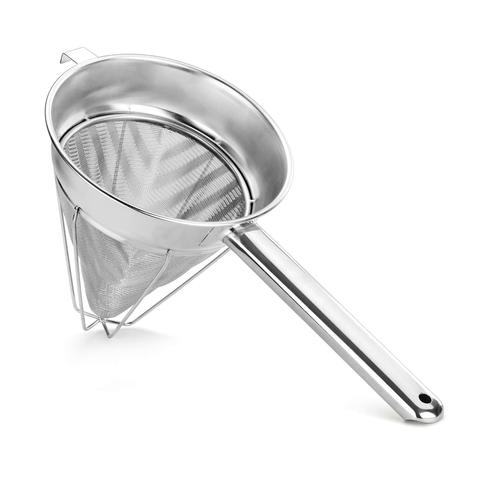 New Star Bouillon Strainer 8-Inch closeup shows durable reinforced mesh for busy kitchens.