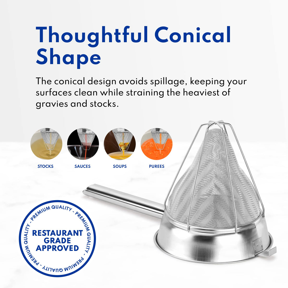 New Star Reinforced Bouillon Strainer 8-Inch compact design saves valuable shelf space.