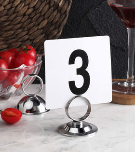 Durable metal place-card holder provides stable, unobtrusive table decor