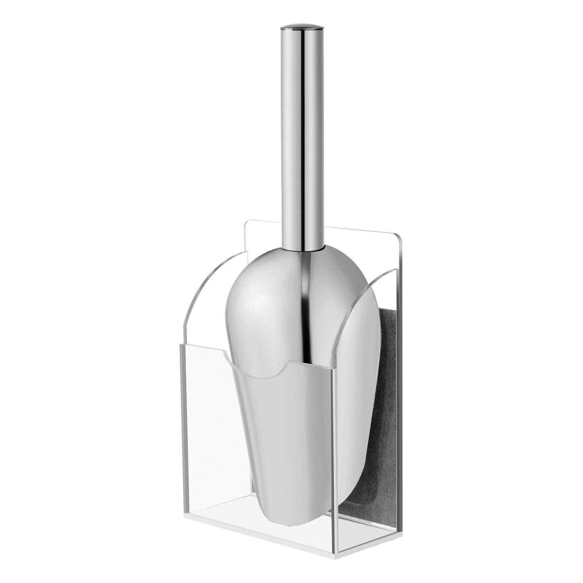 New Valley Warbler ice scoop with magnetic acrylic holder in full view for organized bar setup.