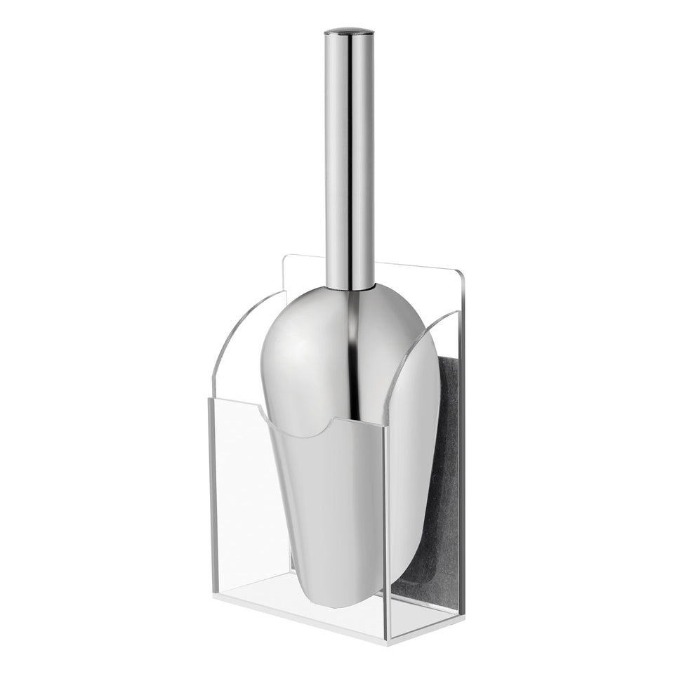 New Valley Warbler ice scoop with magnetic acrylic holder in full view for organized bar setup.