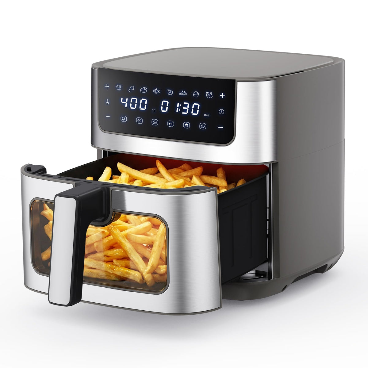 NEWBULIG air fryer 6.34qt basket highlights roomy capacity for family meals.
