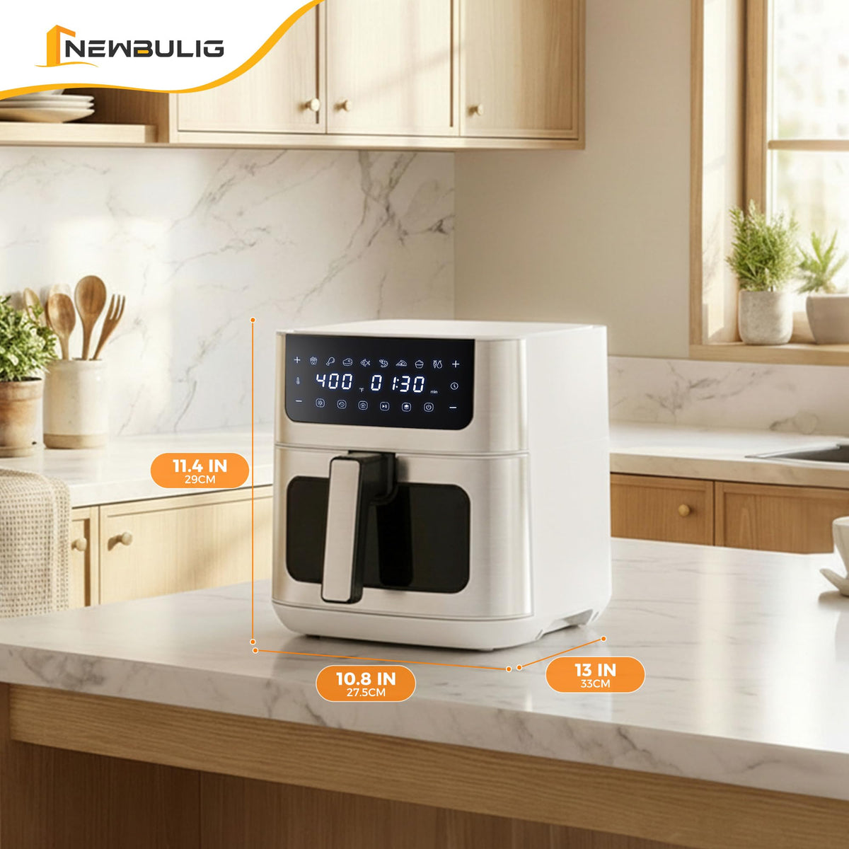 NEWBULIG Air Fryer 6-inch pizza fits easily for quick meals.