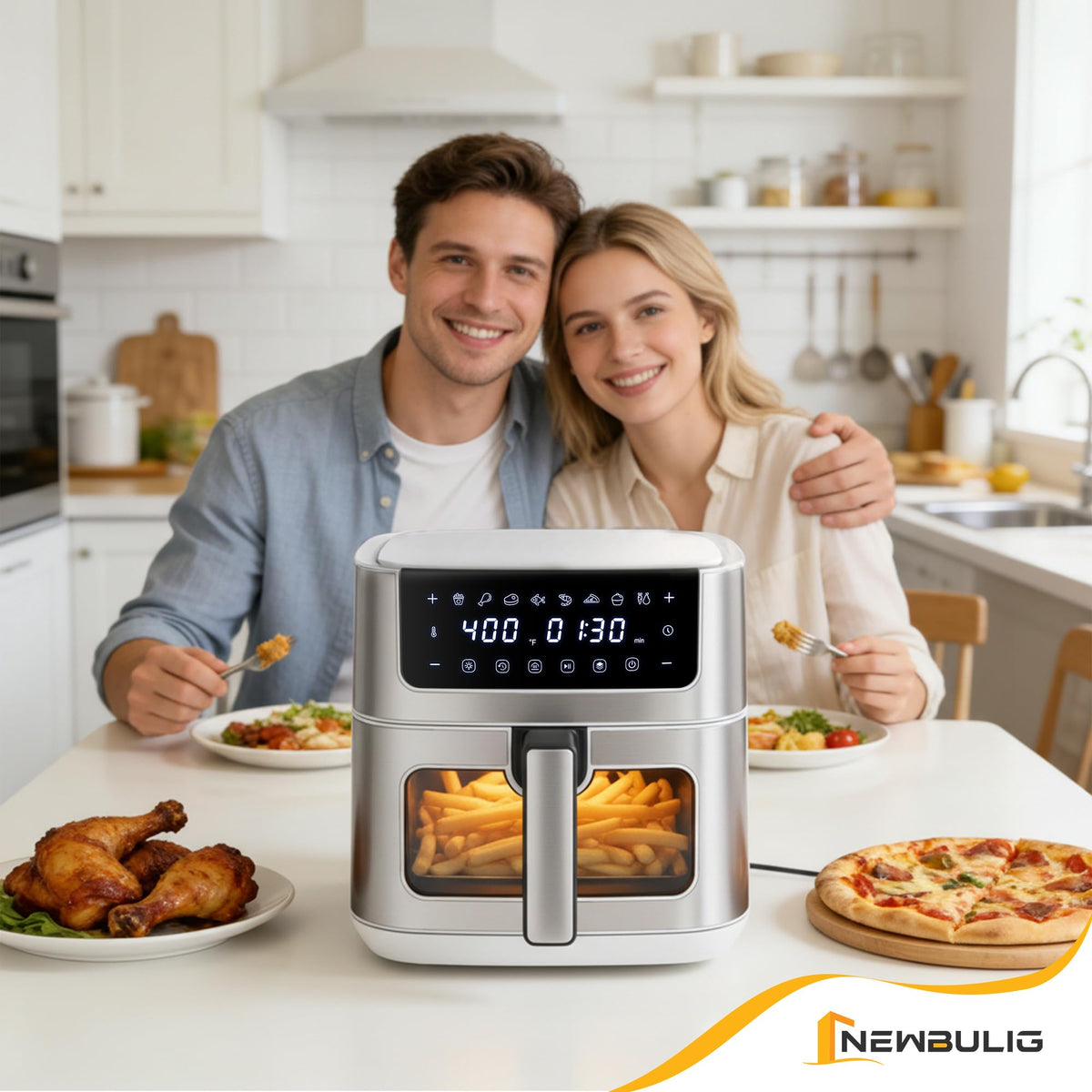 NEWBULIG Air Fryer digital touchscreen demonstrates 8 preset menus for convenient cooking.