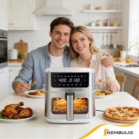 NEWBULIG Air Fryer digital touchscreen demonstrates 8 preset menus for convenient cooking.